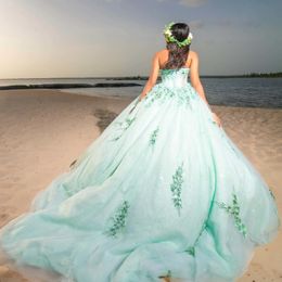 Light Green Quinceanera Dresses Vestidos De 15 Quinceanera Fiesta Applique Lace Beads Tull Off the Shoulder Ball Gown Sweet 16 Dress