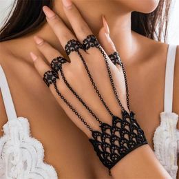 Charm Bracelets Creative Vintage Black Lace Finger Wrist Chain Rings For Women Metal Connecting Hand Harness Bangles Party Jewelry