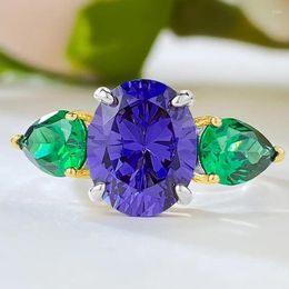 Cluster Rings 2024 S925 Silver Round Tanzanian Blue Ring Colored Pear Shaped Nano Green Stone