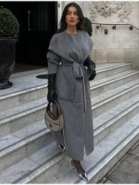 Elegant women's wool coat long sleeved street clothing Korean fashion jacket solid color oversized 2024 new autumn and winter coat 240112