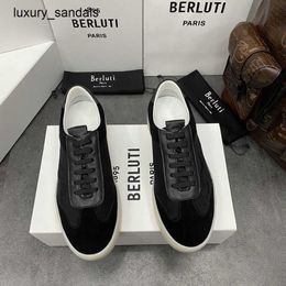 Berluti Mens Shoes Playoff Leather Sneakers Berluts New Mens Grain Deer Low Top Sports with Asymmetrical Scritto Pattern Lace Up Casual Rj