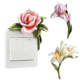 3D Flower Plant Switch Wall Sticker Resin Onoff Plug Socket Stickers Poster Home Bedroom Decoration 240111