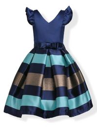 Fashion Puff Sleeves Mix Colour Stripe Jacquard Party Dress for Girls Wedding Satin Europe and American Princess Dresses fit 310 Y6731815