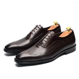 Dress Shoes Brand Original Mens Oxford Genuine Leather Wholly Dark Brown Wingtip Brogue Lace-up Business Wedding Formal