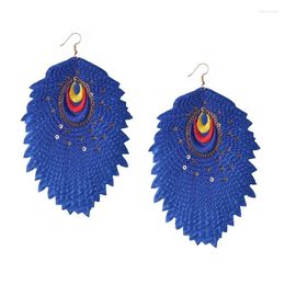 Dangle Earrings 2024 Retro Bohemia Unique Blue Embroidered Peacock Feather Long Earring Women's Fashion Jewellery Accessories Gifts