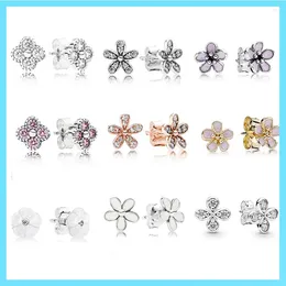 Stud Earrings Pan S925 Gold Sterling Silver Rose Pink Daisy Four-leaf Clover For Women