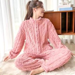 Women's Sleepwear Women Thickened Zipper Suits Homewear Pyjamas Set Solid Colour Long Sleeved Coral Fleece Comfortable Warm