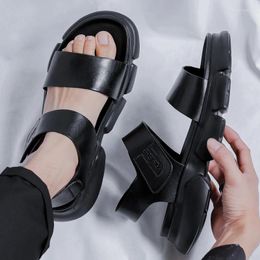 Sandals High Quality Men Black Leather Thick-soled Beach Shoes Non-slip Wear Resistant Open-toe 2024 Summer