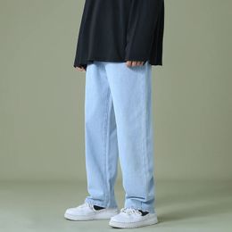 Autumn Men Denim Wideleg Pants Korean Style Straight Light Blue Baggy Jeans Elastic Waist Student Trousers Male Black Grey 240112