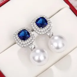 Dangle Earrings Aesthetic Women's Simulated Pearl With Blue/White Cubic Zirconia Luxury Trendy Female Ear Accessories Wedding Jewellery