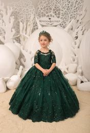 Girl039s Dresses Vintage Green Ball Gown Flower Girl For Wedding Beaded Lace Short Sleeve Toddler Girls Pageant Dress Kids Form2919520