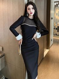 Casual Dresses Spring Maxi For Women 2024 Elegant Celebrity Black Wine Red Dress Panelled Diamonds Mesh Folds Slit Robes Party Office