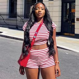 Women's Tracksuits Zoctuo Women Summer 2024 Outfit Fashion Striped Kint Short Sleeve T-Shirt And Shorts Two Piece Sets Trendy Ladies Club