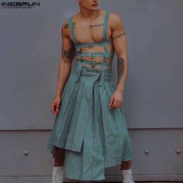 Men's Jeans 2023 Men Irregular Skirts Jumpsuits Solid Color Hollow Out Straps Men Pants Streetwear Personality Male Skirts S-5XLL240111