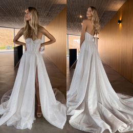 Boho A line Wedding Dresses Bone Bodice Strapless Sequins wedding dress slit backless Glitter designer wedding bridal gowns