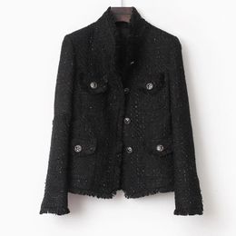 Black tweed women jacket spring autumn winterwomens coat classic Ladies 240112