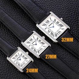 Top Fashion Woman Watches New Tank Series Casual Gold Watch 32mm 27mm 24mm Womens Real Leather Quartz Montres Ultra thin 8014 Wris211P