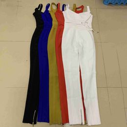 Women's Jumpsuits Rompers Top Quality White Blue Black V-neck Bodycon Sexy Rayon Bandage Jumpsuit Night Club Party JumpsuitL240112