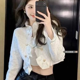 Lucyever White Cropped Jackets for Women Korean Fashion Ruffles DoubleBreasted Coat Ladies Elegant Chic Short Tweed Cardigans 240112