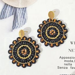 Dangle Earrings Rice Bead Roundness Sunflower Black Crystal Retro Tide Hand Knitting Bohemia Disc-shaped Originality Beaded