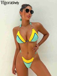 Women's Swimwear Vigoashely 2023 Bright Yellow Tied Patchwork Halter Bikini Sexy High Cut Swimsuit Women Biquinis Beach Bathing Suit YQ240112