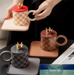 Quality Trendy Style Creative Chessboard Ceramic Cup Dish with Cover Spoon Big round Handle Mug Office Coffee Cup Home Drinking Cup
