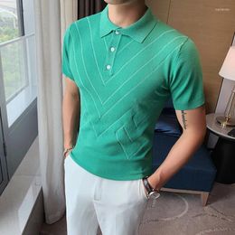 Men's Polos 2024 Man Solid Colour Stripped Ice Silk Knitting Polo Shirt Casual British Style Slim Men Short Sleeve High Quantity