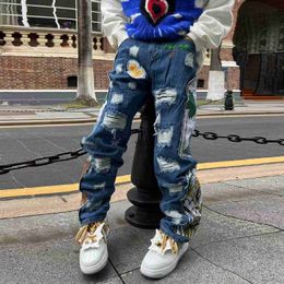 Men's Jeans Harajuku Fashion Embroidered Patches Straight Denim Pants Hip Hop Washed Torn Jeans Bla Blue Patchwork Y2k Jeans Baggy Menyolq