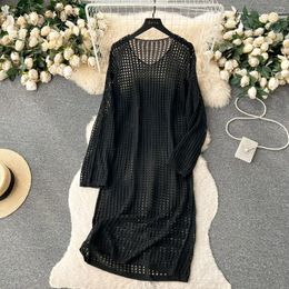 Casual Dresses Autumn Lazy Style Solid Colour One Piece Dress Long Sleeved For Women Fashion Hollow Out Loose 2024