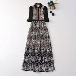 2024 Spring Contrast Color Embroidery Panelled Tulle Dress Black 3/4 Sleeve Lapel Neck Long Maxi Casual Dresses A3J101745