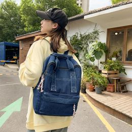 School Bags Blue Denim Women's Backpack Student Knapsack Canvas Shoulders Bag Vintage Packbag Travel Rucksack Jeans Mochila Y2K Bookbag