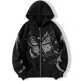 Men's Hoodies Sweatshirts New Punk Style Y2K Dot Matrix Butterfly Printed Sweater High Street Fashion Casual Loose Cardigan Jacket For Menephemeralew