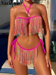 Women's Swimwear XS - L Colourful Fringe Tassel Halter Bikini Female Swimsuit Women Two-pieces set Bather Bathing Suit Swim V4678 YQ240112