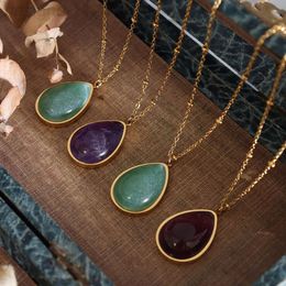 Chic Gold Plated Crystal Natural Stone Oval Pendant Necklace Colorful Agate Geometric Stainless Steel Necklace Fine Jewelry