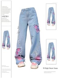 Women's Jeans Blue Butterfly Baggy Vintage Y2k Denim Trousers 2000s Harajuku Wide Leg Cowboy Pants Trashy 90s Aesthetic Clothes