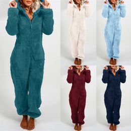 Women Fleece Hooded Warm Plush Bodysuit Winter Zipper Playsuits Homewear Sleepwear Plus Size Pyjamas Cute Ear Jumpsuit Trousers 240112