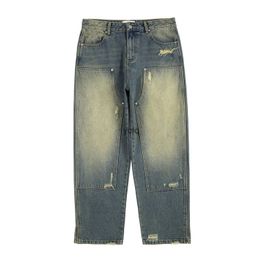 Men's Jeans Vintage Washed Hole Oversize Wide Leg Logging Jeans for Mens Blue Spray Painted Straight Mopping Pants Baggy Wide Denim Trousersyolq