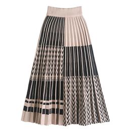 Contrast Patchwork Knitted Long Skirt for Women Fall Winter Korean Pleated Warm Thick A Line High Waist Midi Skirt Female 240111