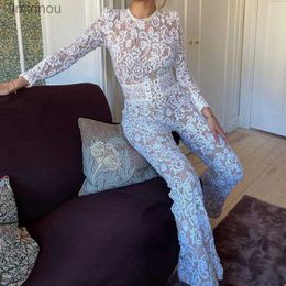 Women's Jumpsuits Rompers Fashion O-neck Long Sleeve Tight Jumpsuit Women Sexy Embroidered Lace Hollow Long Playsuits 2024 Elegant Solid Waist Slim RomperL240112