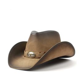 36 Stlye 100% Leather Men Western Cowboy Hat For Gentleman Dad Cowgirl Sombrero Hombre Caps Big Size XXL large head 240111