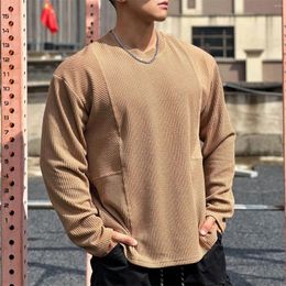 Men's T Shirts Solid Color Round Neck Sports Texture Fabric Long Sleeve Top Suitable For Running Band Medium
