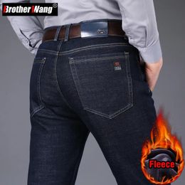 Winter Mens Fleece Warm Jeans Classic Style Business Casual Thicken Regular Fit Denim Pants Black Blue Brand Trousers 240112