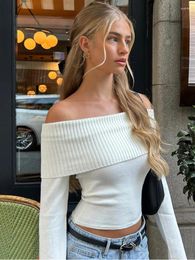 Women's Sweaters White Off Shoulder Slash Neck Knitted Sweater For Women Casual Long Sleeve Cropped Top Spring Autumn Ladies Commute