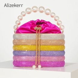 Colour Crystal Evening Clutch Bag Luxury Designer Pearl Handle Metal Cage Purses And Handbags Wedding Party 240111