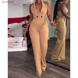 Women's Jumpsuits Rompers Women Elegant Sleeveless Halter Backless Deep V-Neck Jumpsuits Lady Summer Wide Leg Work One-Piece Jumpsuit Workwear OutfitL240111