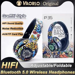 Headphones Fashion Graffiti Foldable Bluetooth 5.1 Headphones Wireless Noise Canceling DJ Bass Headset Game Earphone Support TF With Mic