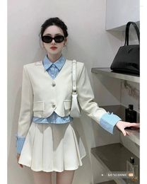 Work Dresses Women's Suit Jackets Single Breasted V-neck Long Sleeved Patchwork Pleated Skirts A-line High Waisted Shirt Stripe Lapel