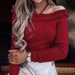 Women's Blouses Off Shoulder Tops For Women Neck Long Sleeve Ruffle Cold Blouse Slim Fitted Ribbed Knit Shirts Chemises Et