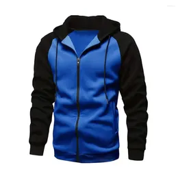 Men's Hoodies Zip-up Hoodie Fall Men Coat Drawstring Hooded Cardigan Jacket For Spring With Zipper Closure Colour Matching Long