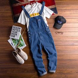 Men's Jeans 2023 Summer New Mens Bib Overalls Streetwear Denim Jumpsuits Moto Biker Jeans Trousers Male Striped Casual Long Pants ClothingL240111